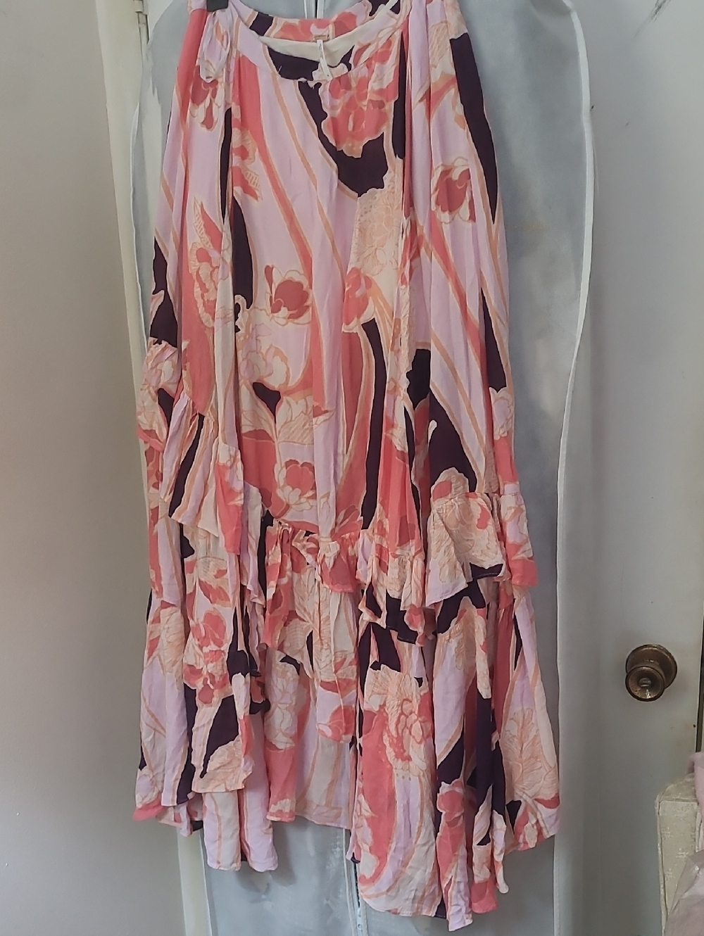 Free People Pink Floral Tiered Maxi Skirt with Dark Accents